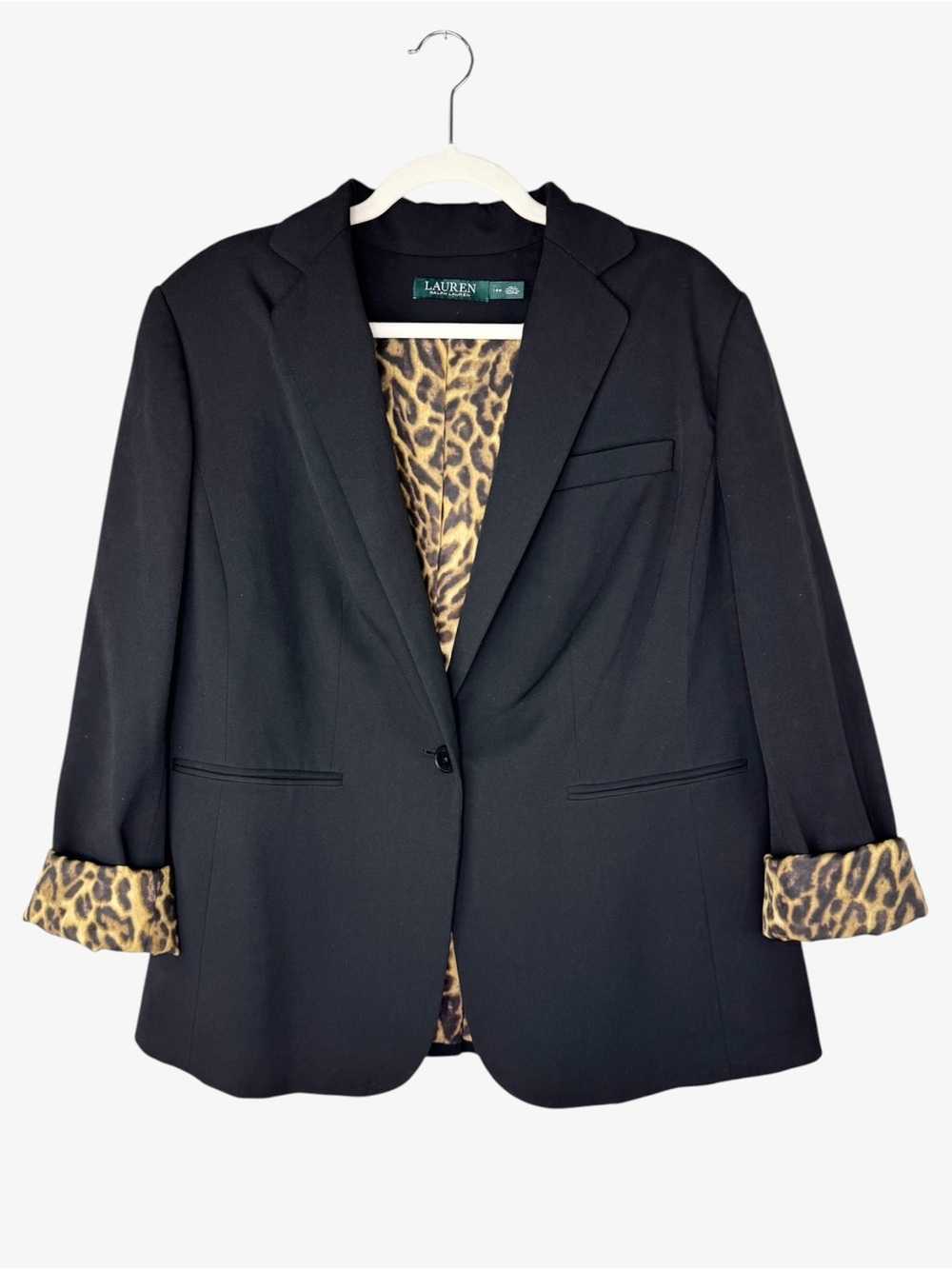 Lauren Ralph Lauren Black Blazer with Leopard-Print Lining 14W Mobwife Cheetah
